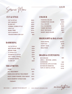 Service Menu for Hair Services at NINETYFIVE Beauty