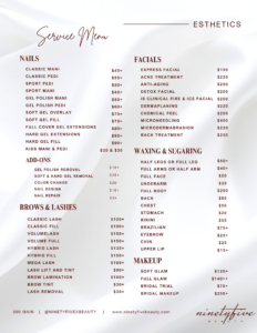 Service Menu for Nail, Facial, Brow, Lash and Waxing Services at NINETYFIVE Beauty